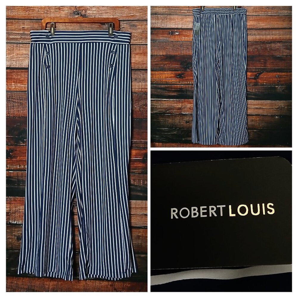 NWT Robert Louis Pants XL Wide Leg Sailor Navy White Striped Nautical Pull On
